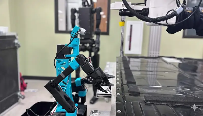 A small blue-and-black humanoid robot reaching toward a sheet of dark composite material on a workbench.