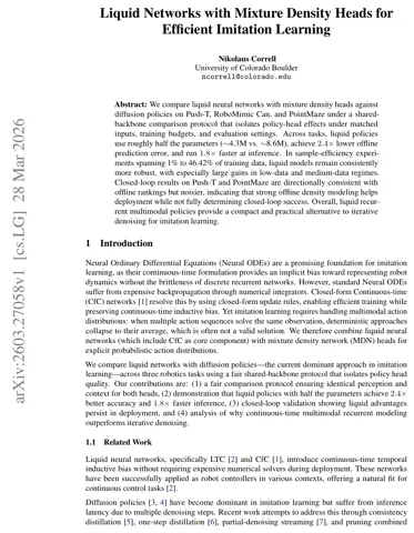 First page of the paper “Liquid Networks with Mixture Density Heads for Efficient Imitation Learning”