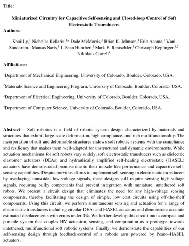 First page of the paper “Miniaturized Circuitry for Capacitive Self-sensing and Closed-loop\n Control of Soft Electrostatic Transducers”