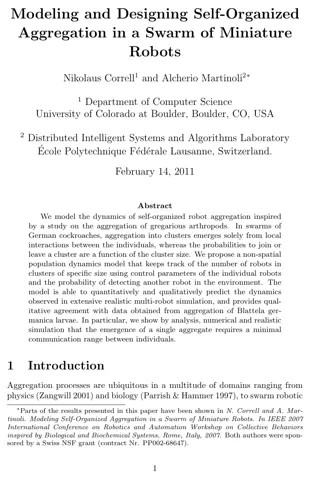 First page of the paper “Modeling and designing self-organized aggregation in a swarm of miniature robots”