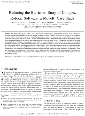 First page of the paper “Reducing the Barrier to Entry of Complex Robotic Software: a MoveIt! Case Study”