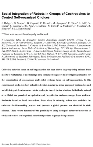 First page of the paper “Social Integration of Robots into Groups of Cockroaches to Control Self-Organized Choices”