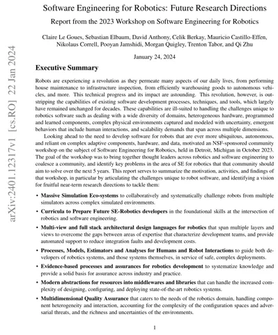 First page of the paper “Software Engineering for Robotics: Future Research Directions; Report from the 2023 Workshop on Software Engineering for Robotics”