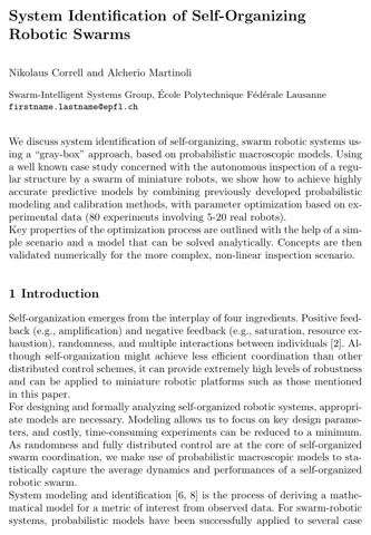 First page of the paper “System Identification of Self-Organizing Robotic Swarms”